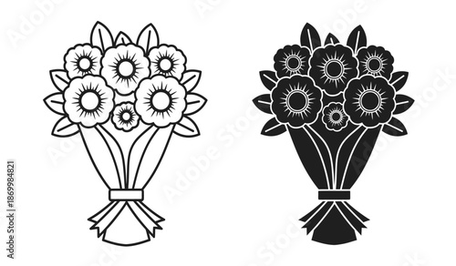 Black and white line art bouquets of flowers in two styles