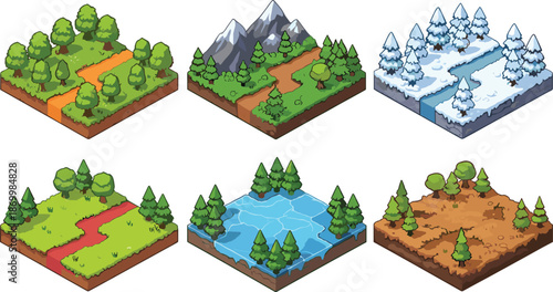 Isometric 3d terrain tiles with trees and water
