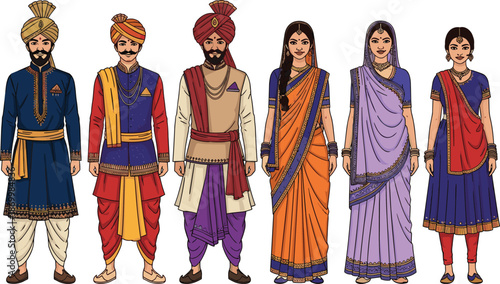 Indian traditional clothing men and women in various colorful outfits traditional indian clothing