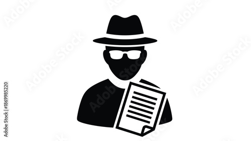 A mysterious figure in a hat and sunglasses holding a document depicted in black