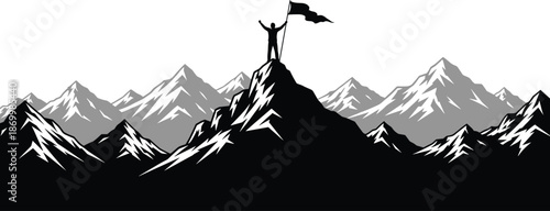 Man standing on mountain peak with flag silhouette victory