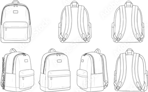 Multiple views of backpacks in black and white line school bag luggage travel bag