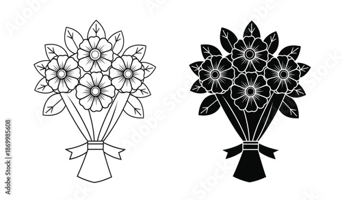 Black and white line art and silhouette bouquets of flowers in vases