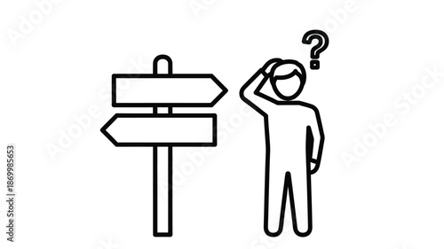 A confused person stands near a signpost questioning direction and seeking guidance