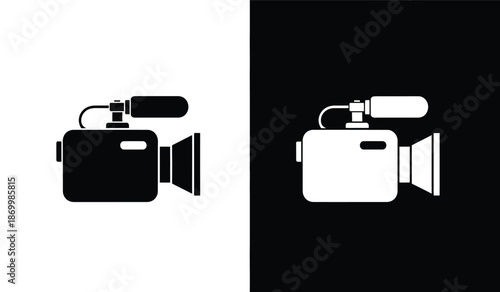 Black and white video camera icons on colored backgrounds for design use