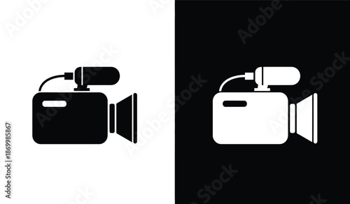 Black and white video camera icons on colored backgrounds for design use