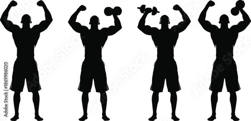 Silhouettes of four men exercising with dumbbells black exercise