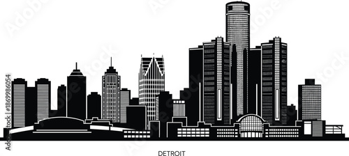 Detroit City Skyline Silhouette Featuring Renaissance Center and Downtown Skyscrapers for Black and White Flat Vector Illustration
