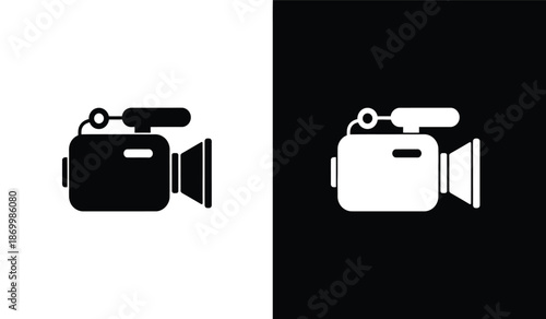 Black and white video camera icons on colored backgrounds for graphic design