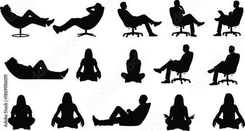 Diverse Silhouette Set of People Sitting and Reclining Featuring Office Chairs Lounge Poses and Yoga Meditation for Flat Vector Illustration