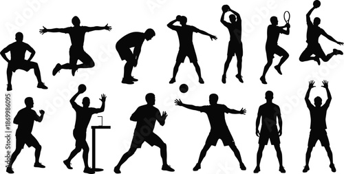 Diverse Male Athlete Silhouette Set Featuring Basketball Soccer Tennis and Volleyball Players in Dynamic Action Poses for Flat Vector Illustration