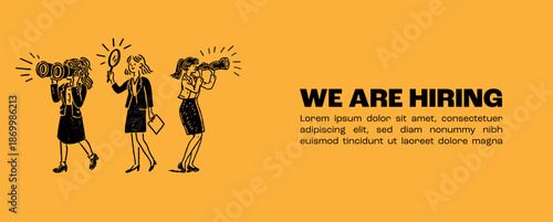 Businesswomen searching for opportunities in recruitment and hiring illustrated on a yellow background