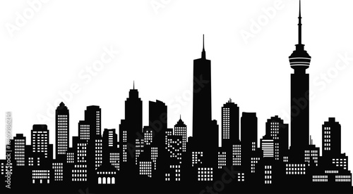 Generic City Skyline Silhouette Featuring Modern Skyscrapers and High Tower for Black and White Flat Vector Illustration Urban Architecture Design Projects