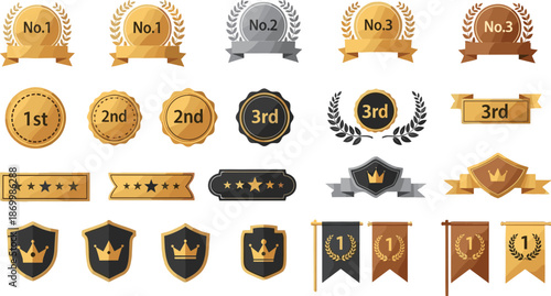 Gold Silver and Bronze Award Icon Set Featuring Laurel Wreaths Medals Shields and Ranking Banners for Flat Vector Illustration Contest Winners