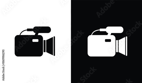 Black and white video camera icons on colored backgrounds for graphic design