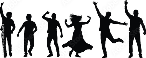 Six people dancing in black silhouette on white background silhouettes