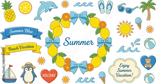 Hand Drawn Summer Vacation Sticker Set Featuring Lemon Wreath Tropical Fruits Beach Elements and Cute Animals for Flat Vector Illustration Design