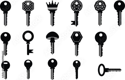 Minimalist Black and White Key Silhouette Set Featuring Crown Diamond Mushroom and Hexagon Head Designs for Flat Vector Illustration