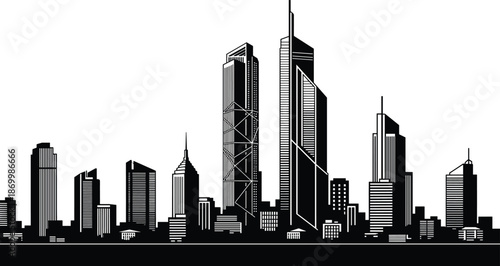 Modern City Skyline Silhouette Featuring Futuristic Skyscrapers and High Rise Business Buildings for Flat Vector Illustration