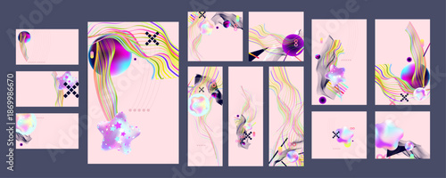 Surreal Silliness card templates set. Collection of Retro Brutalist Imperfect Aesthetics abstraction. Neo-Minimalism Vibrant Color Systems