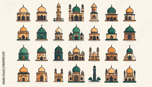 Mosque and Worship Activities Icons - Vector Illustration