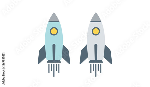Two colorful rockets flying upwards on isolated with fins and flames