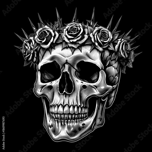 Dark skull with rose crown and thorns – gothic floral horror illustration on black