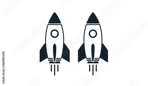 Two black and white rocket ships blasting off into space side by side