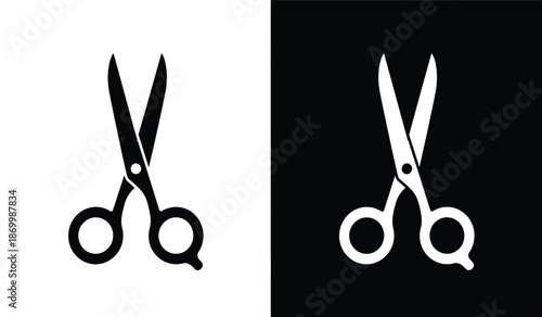 Black and white scissors icons and black backgrounds for cutting and editing