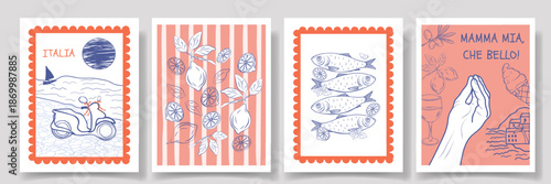 Vintage Hand drawn Italian posters set with stamp frames scooter travel, sardines, lemon pattern, expressive Italian hand gesture. Amalfi lemon beach vacation bg. Mediterranean coastal frame of Italy