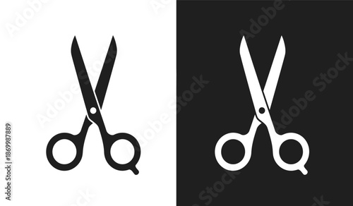 Black and white scissors icons and black backgrounds for cutting or editing