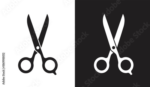 Black and white scissors icons on contrasting backgrounds for cutting and editing