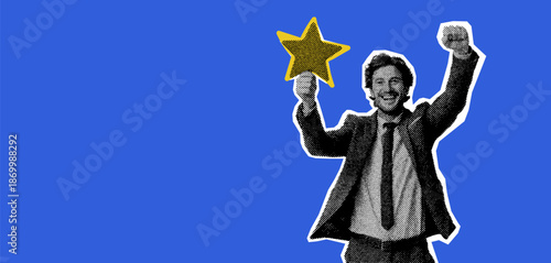 Halftone graphic collage of business person with large star representing quality service and customer review