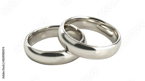 Two silver wedding rings intertwined, isolated ona  white background, marriage and love concept