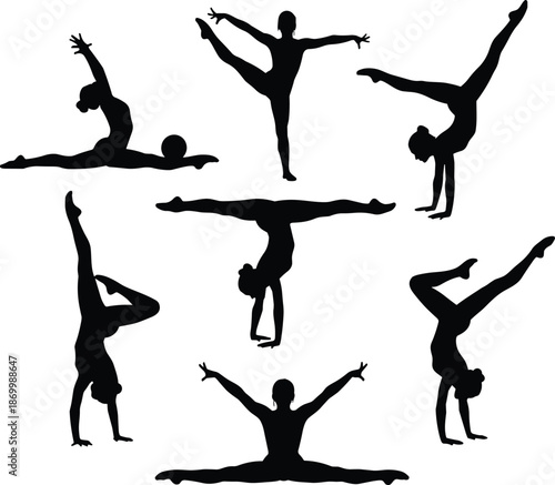Set of black rhythmic gymnastics silhouettes with ball and various poses, cad drawing flat vector illustration for sports academy design
