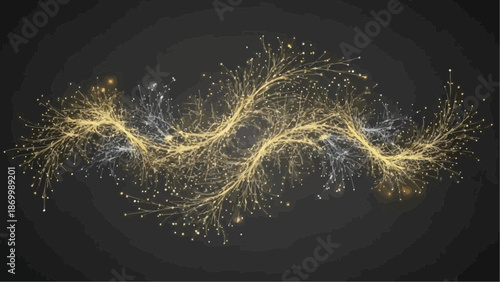 a captivating depiction of swirling golden and silver particles forming a dynamic abstract shape against a dark shadowy background