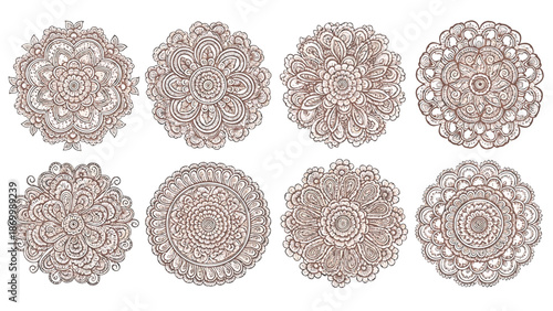 Henna tattoos ink sketch vector set. Floral leaves stems ornamental pattern skin maroon red temporary tattoo illustrations