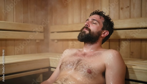  man relaxating in the wooden sauna room interior indoors with steam, smiling, towel around his neck. Hot temperature, spa leisure treatment, warm, health, created with generative ai