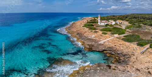 Punta de la Salinas lighthouse and the area of ​​influence of the Cabrera National Park, Cap de Ses Salines, Santanyi, Mallorca, Balearic Islands, Spain