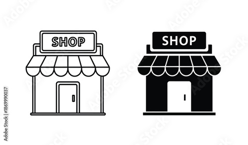 Vector illustration of two black and white shop icons with awnings and doors