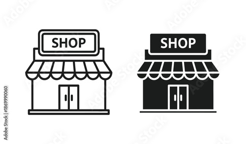 Black and white line icons of two shop buildings with awnings and doors
