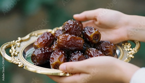a person's hands delicately handling a cluster of dates arranged on an ornate, gold-accented decorative tray, created with generative ai
