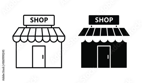 Black and white line icons of shop buildings with awnings and doors
