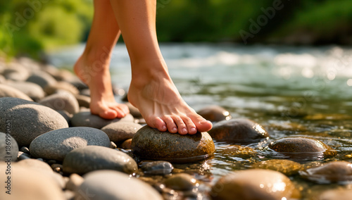 Barefoot person walking on stones beside a flowing river  