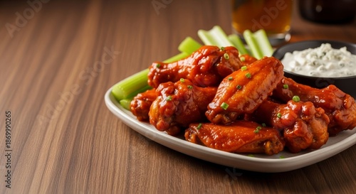 Delicious classic buffalo wings served with crisp celery and creamy blue cheese dip, an ultimate game day food concept.