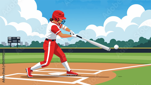 Powerful Female Softball Player Swinging Bat in Outdoor Field - Vector Illustration