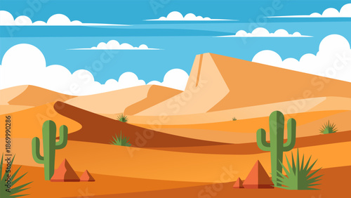 Vibrant desert landscape illustration with cacti and sandy dunes under a cloudy blue sky, vector art