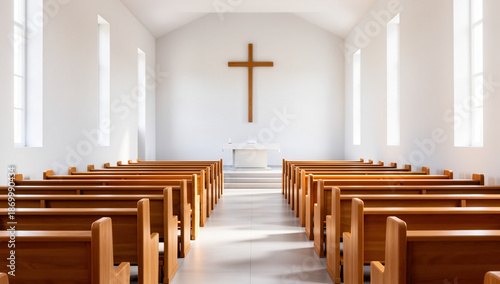 Modern church interior with wooden pews and cross  