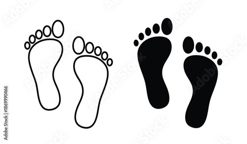 Four black and white footprints in different styles on a pure for design use