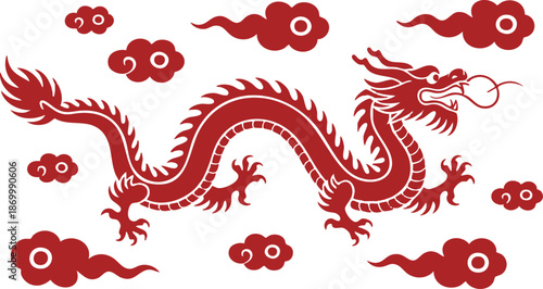 cloud and dragon, Lunar New Year themed paper graphic for cover, card, poster, banner. Chinese zodiac Dragon symbol. Hieroglyphics mean Happy New Year and symbol of of the Dragon